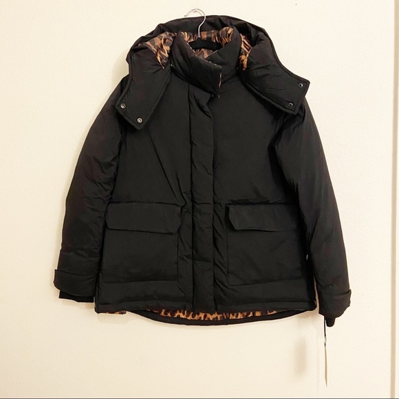 Halogen Black Leopard Contrast Puffer Winter Coat Mock Neck Removable Hood Small - Picture 2 of 10